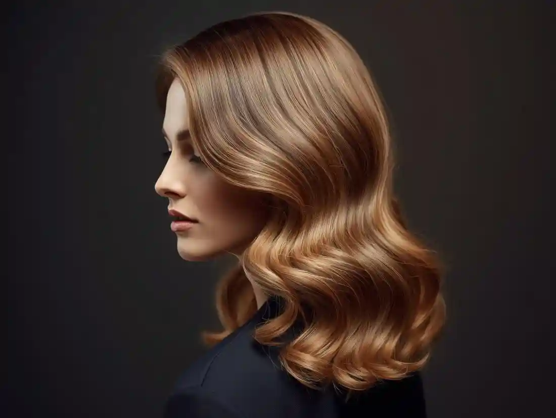 Elegant women’s hairstyle for evening events, soft waves with volume, glossy healthy hair, dark neutral background, cinematic lighting, luxury hair studio aesthetic