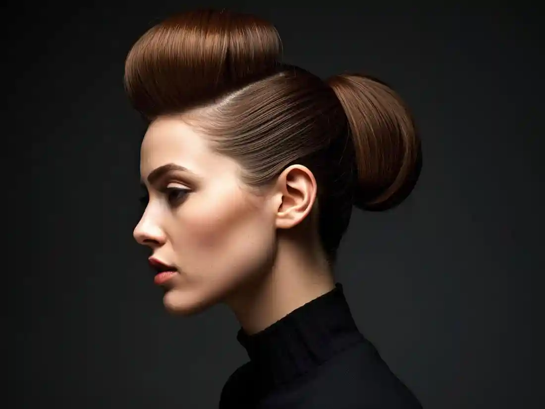 Fashion editorial women’s hairstyle, bold yet elegant styling, structured hair shape, studio lighting, high-end beauty magazine aesthetic