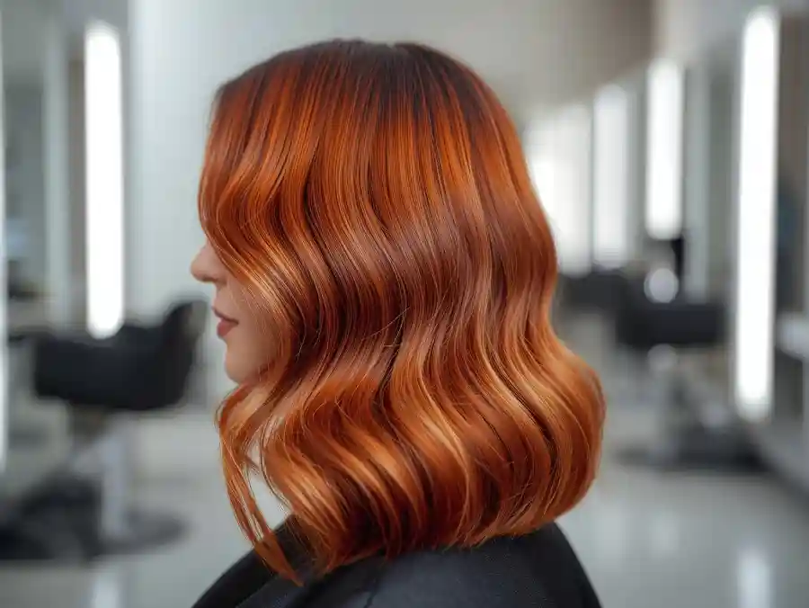 Luxury hair color service in a high-end hair studio, glossy vibrant hair tones, minimal background, soft editorial lighting, premium beauty brand aesthetic, realistic photo.