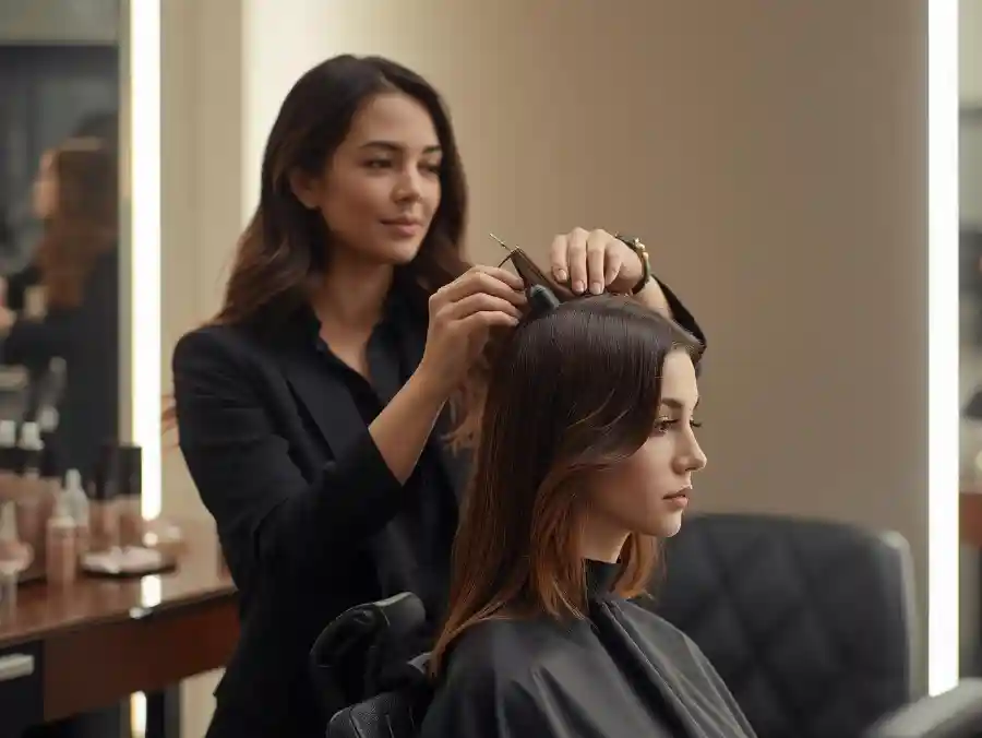 Modern hair salon service image showing professional haircut and styling, clean and elegant look, neutral background, soft lighting, premium beauty studio atmosphere
