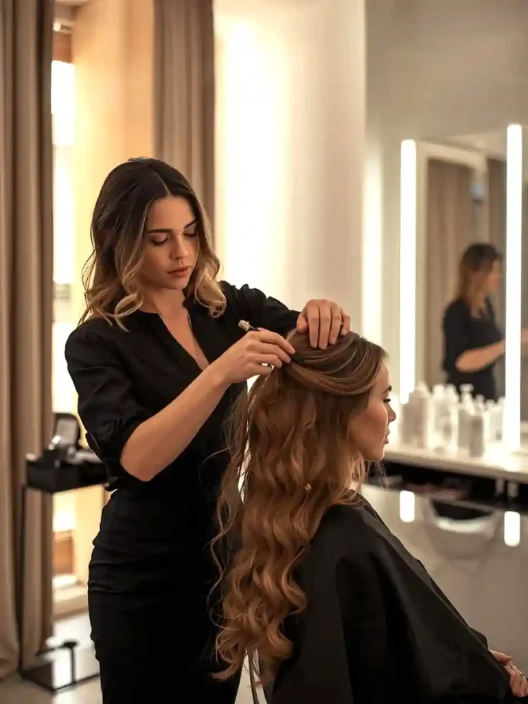 Modern luxury hair salon interior, professional female hairstylist working with a client, elegant styled hair in progress, bright and soft lighting, airy sophisticated atmosphere