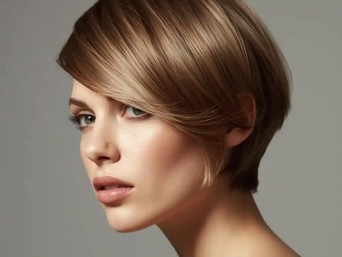 Modern women’s haircut with clean lines, natural movement, minimalist style, neutral background, soft natural light, premium salon look