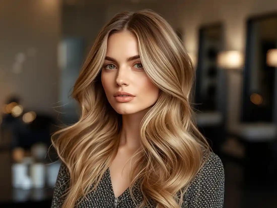 Natural glamorous women’s hairstyle, relaxed waves, healthy shiny hair, daylight look, modern salon atmosphere, premium beauty brand style