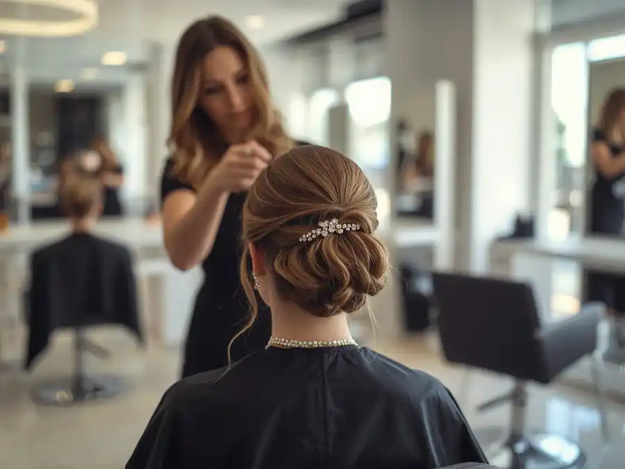 Professional hair setting in a modern salon, natural light, styled hair ready for an event, calm stylish atmosphere, realistic photography.