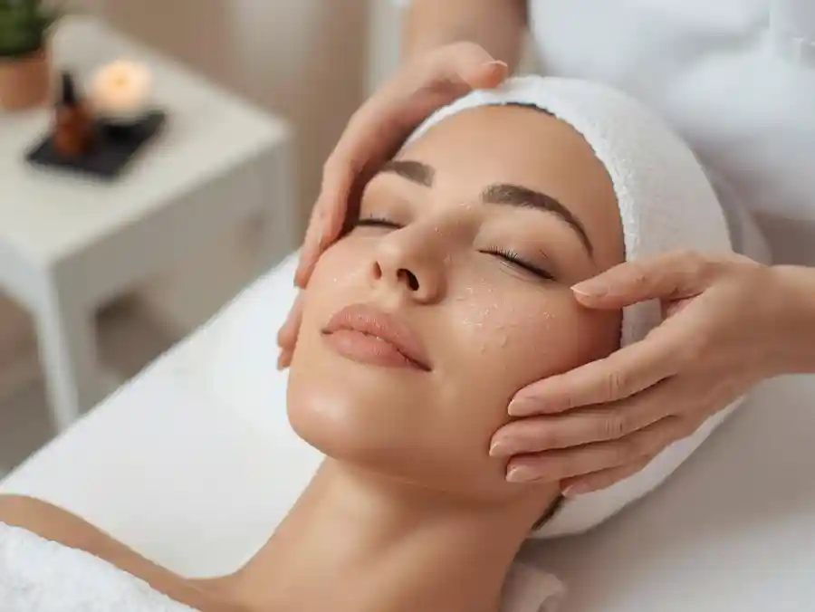 Professional skin treatment in a modern beauty studio, clear healthy skin, gentle facial care, soft neutral background, calm relaxing atmosphere, premium beauty service